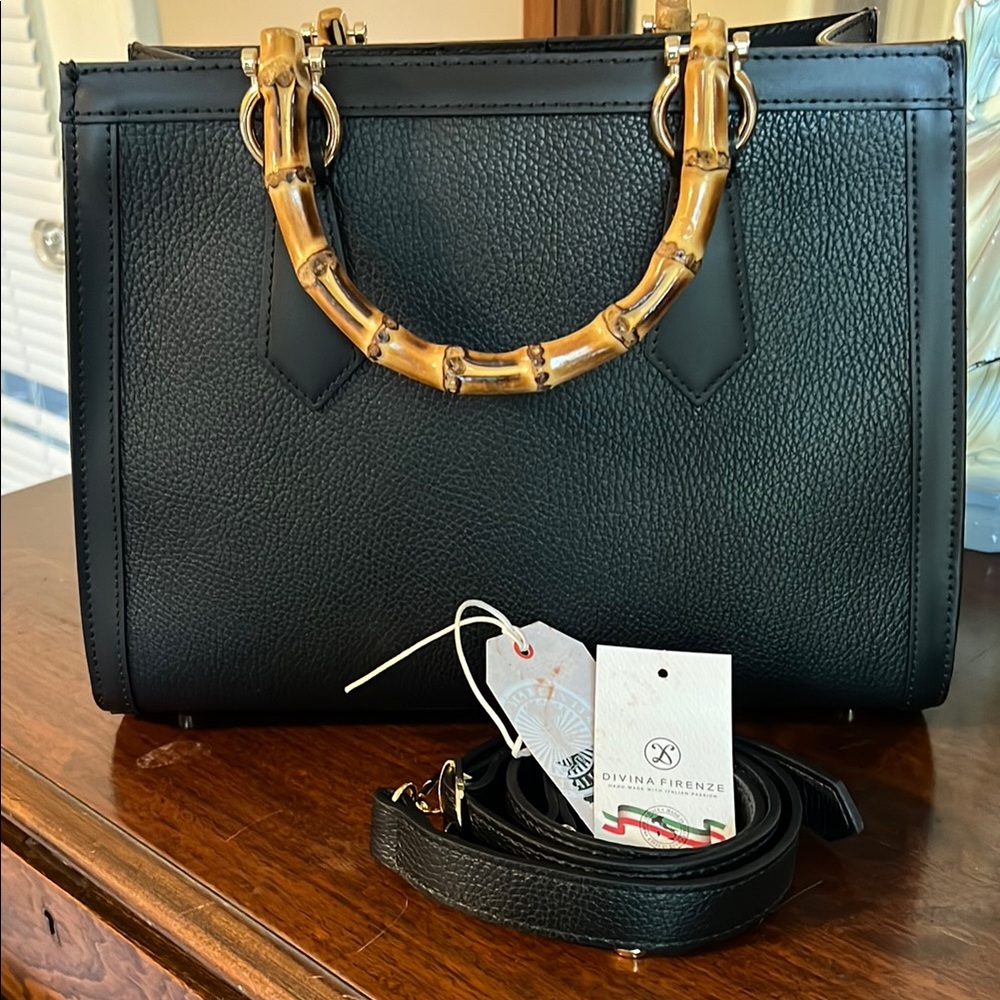 Divina Firenze black pebbled leather bamboo handle tote